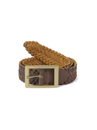 Aditi Wasan Women's Brown Braided Genuine Leather Belt with Brass Square Buckle