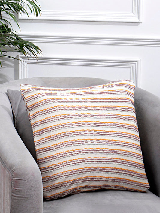 White cotton knit cushion cover with multicolor yarn work