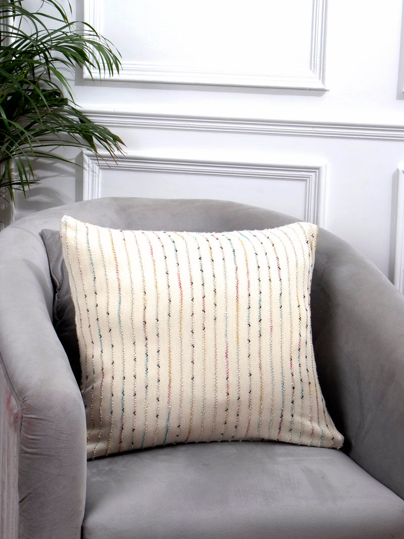 White cotton knit with multicolor yarn work cushion cover