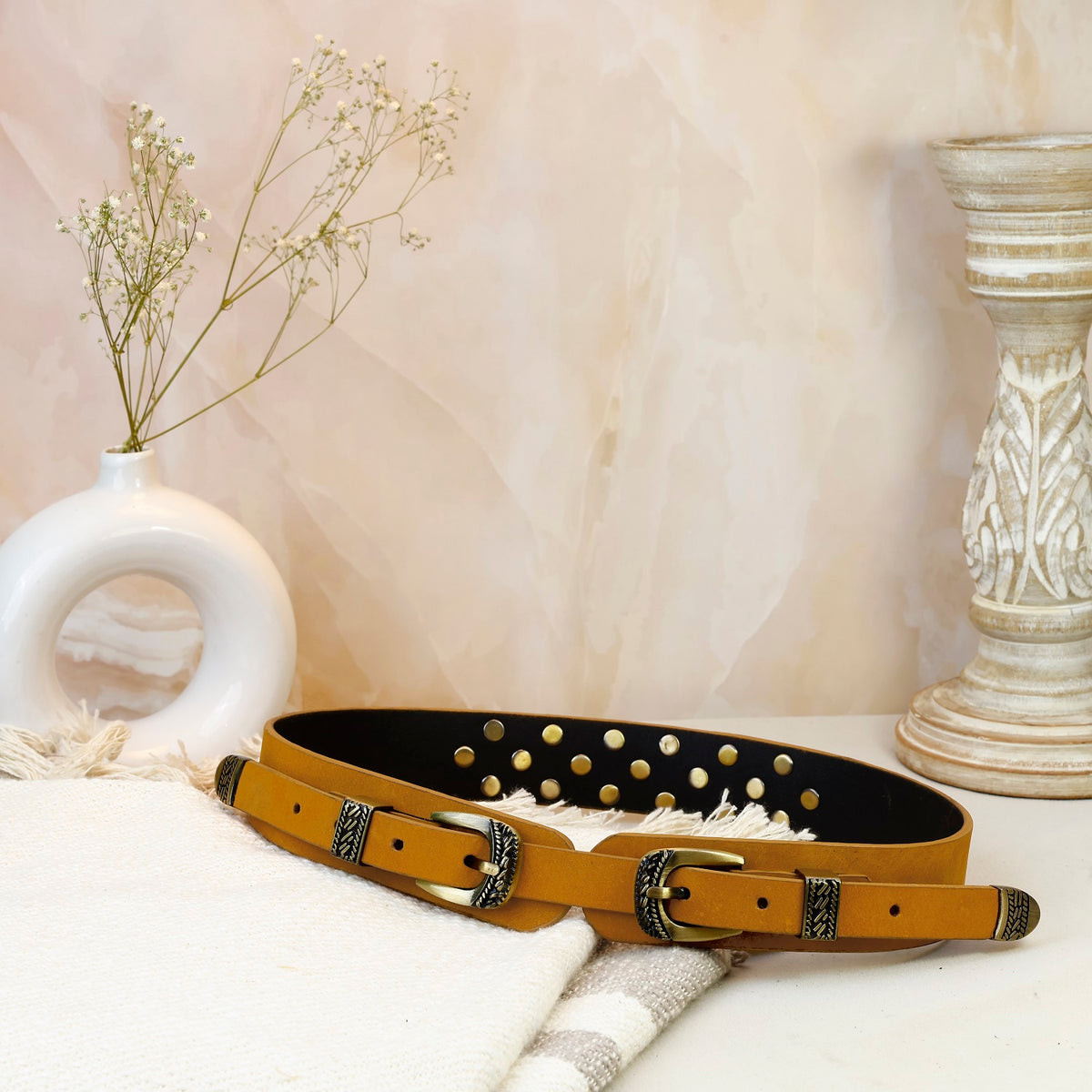 Aditi Wasan Genuine Leather Tan Studded western Dress Belt