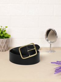 Aditi Wasan Women's Black Genuine Leather Belt with Brass Square Buckle