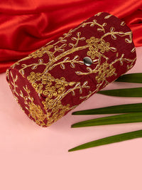 Maroon golden zari embroidered bangle organizer box