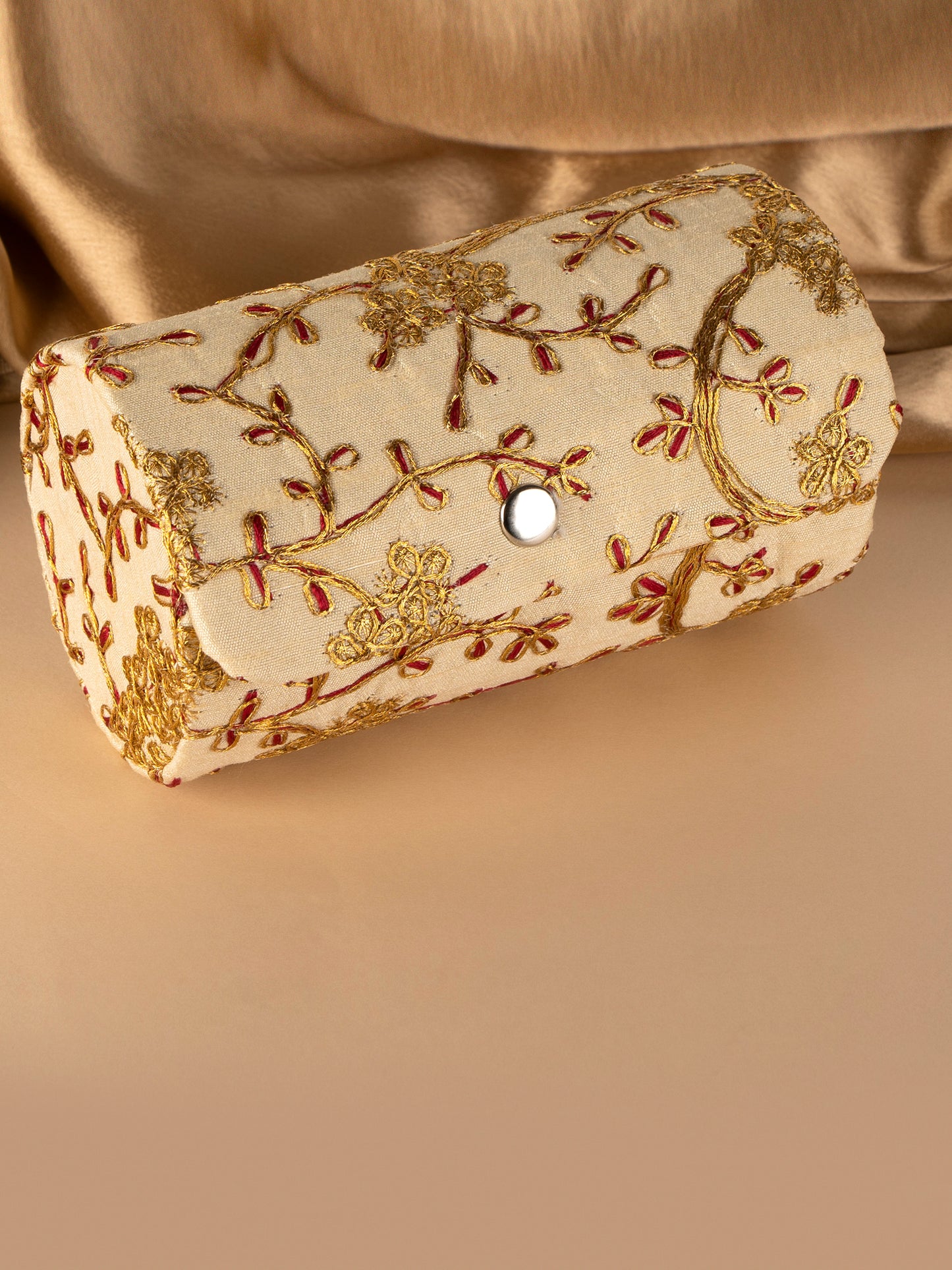 Beige golden zari embroidered bangle organizer box