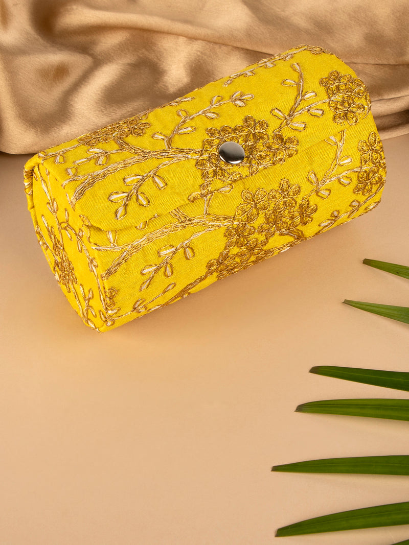 Yellow golden zari embroidered bangle organizer box