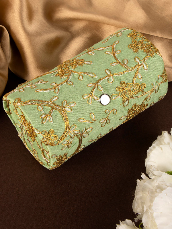Pistachio green golden zari embroidered bangle organizer box