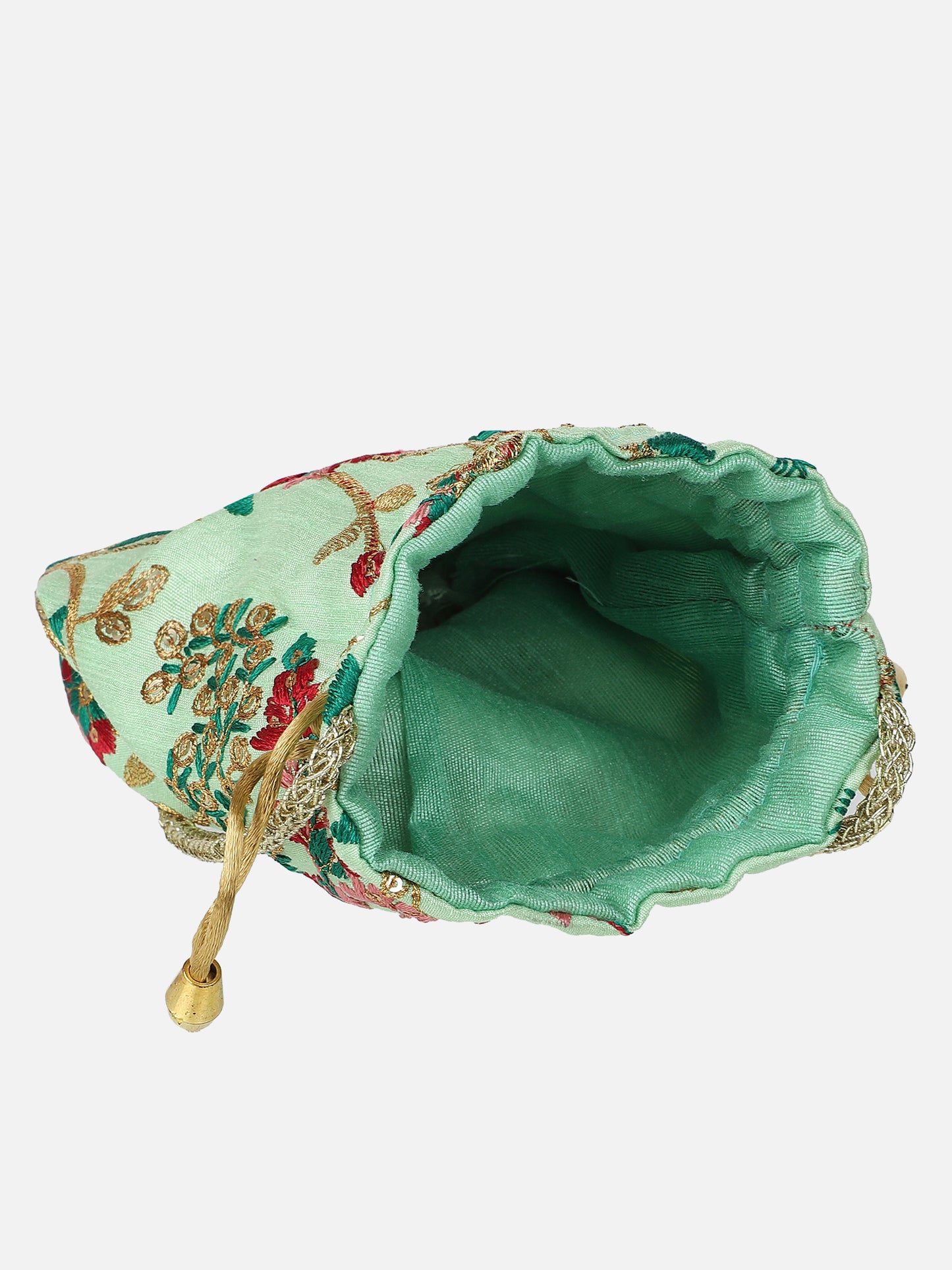 Handcrafted Green Potli Bag Multicolor Embroidery