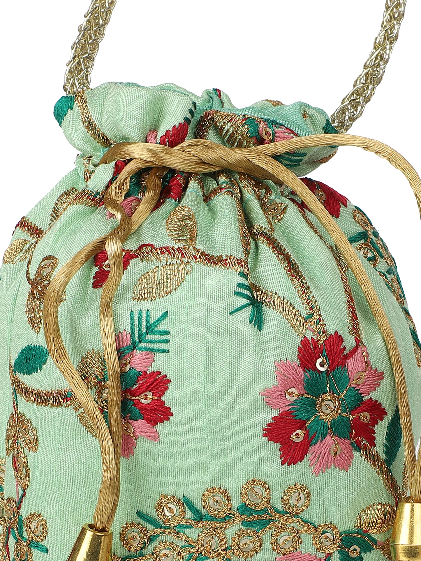 Handcrafted Green Potli Bag Multicolor Embroidery