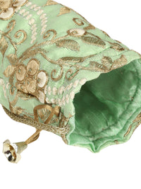 Green Potli Bag With Golden Embroidery