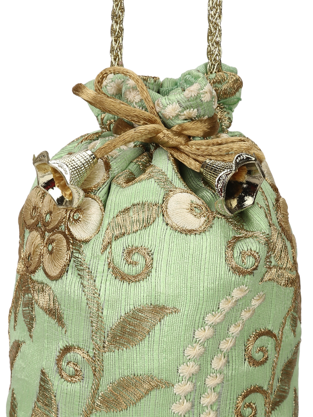 Green Potli Bag With Golden Embroidery