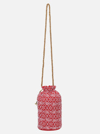 Red Potli Bag With White Chikan Embroidery