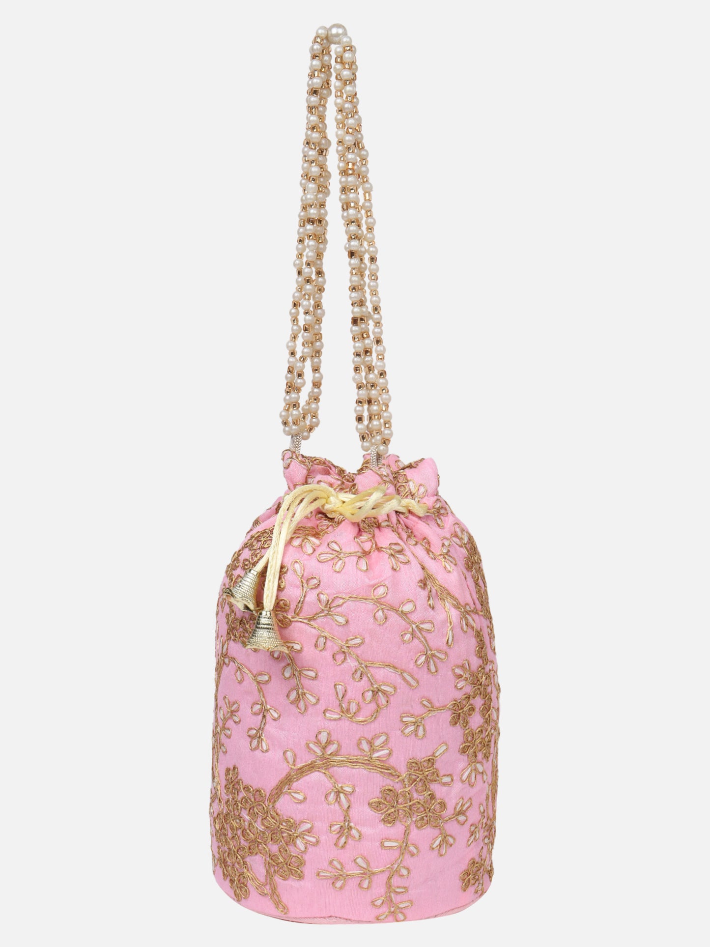 Handcrafted Pink Embroidered Potli Bag With Golden Zari