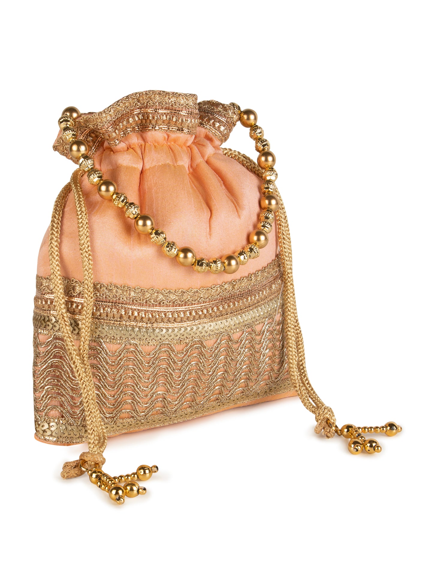 Peach color square poly silk potli bag