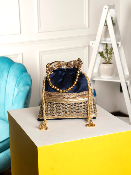 Blue square poly silk potli bag