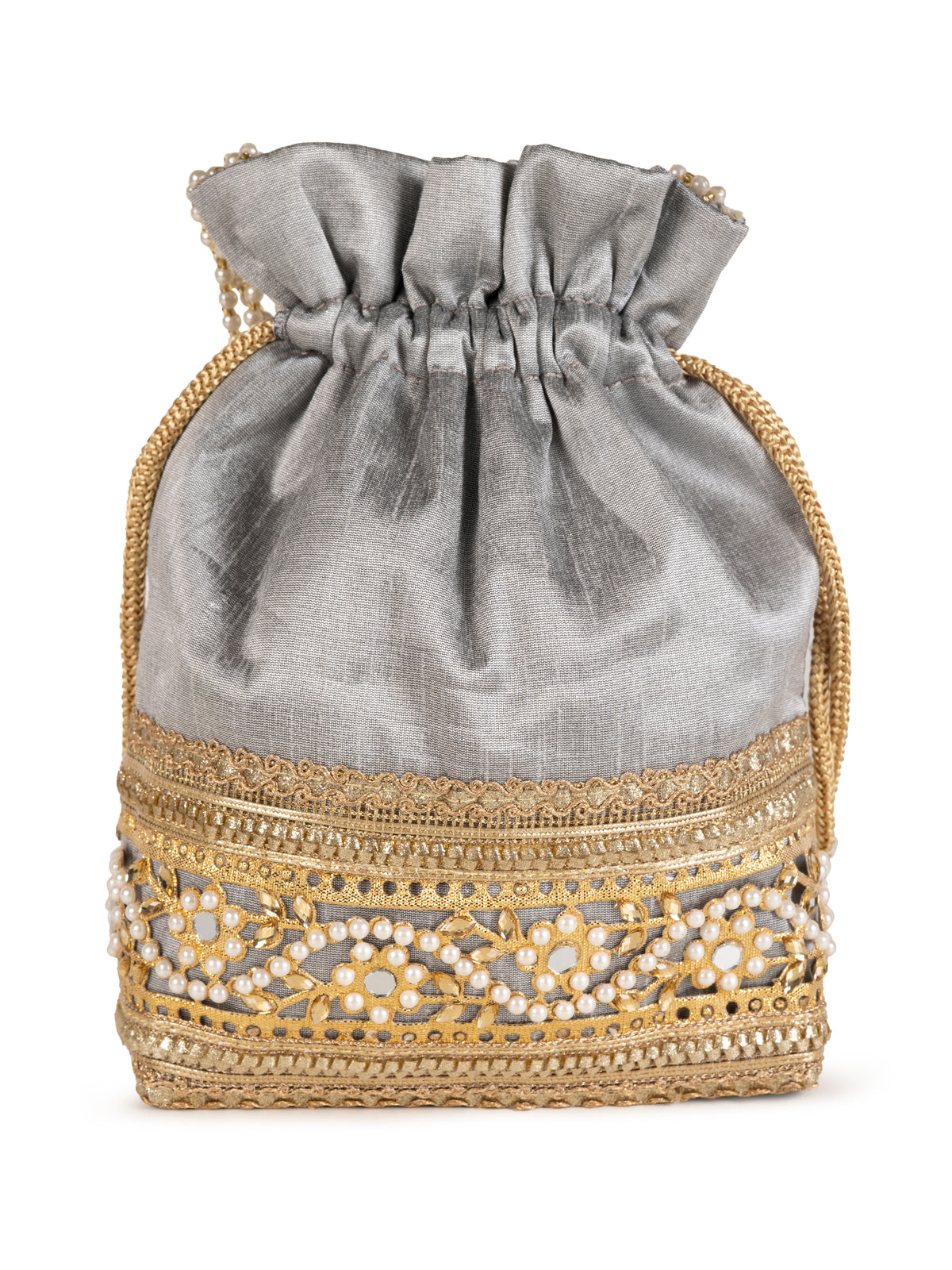 Grey embellished poly silk potli bag