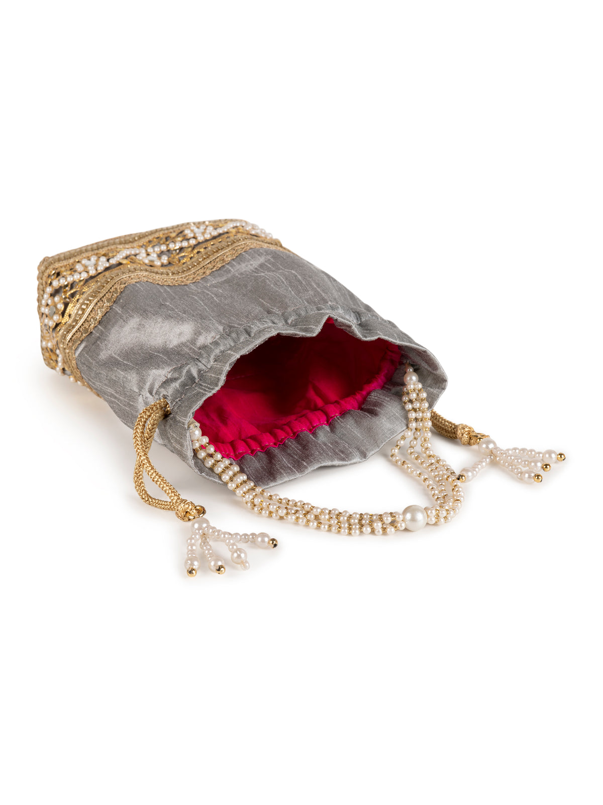Grey embellished poly silk potli bag