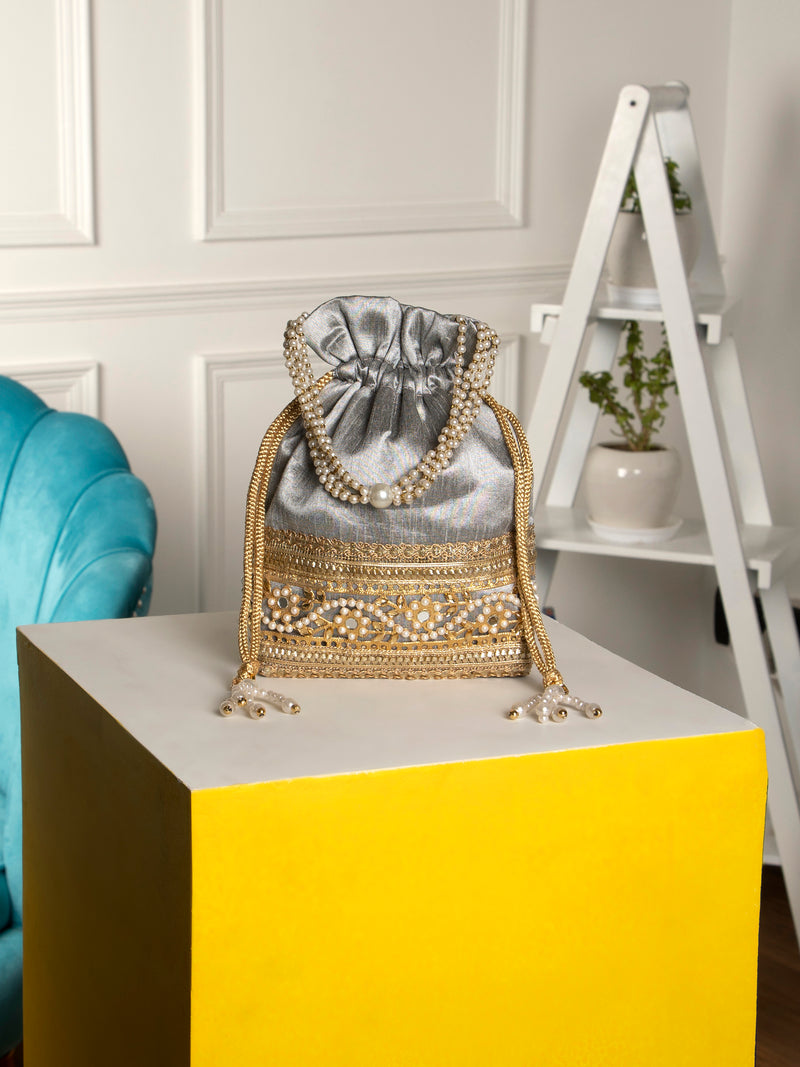 Grey embellished poly silk potli bag