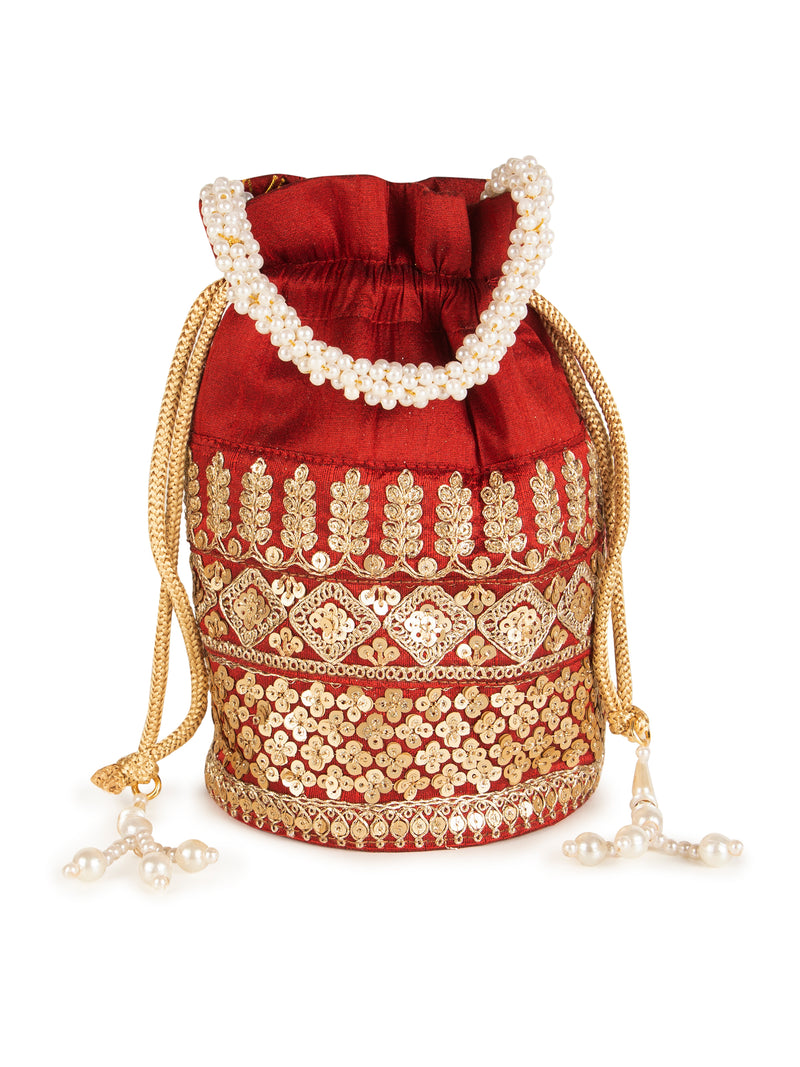 Red embroidered zari poly silk potli bag