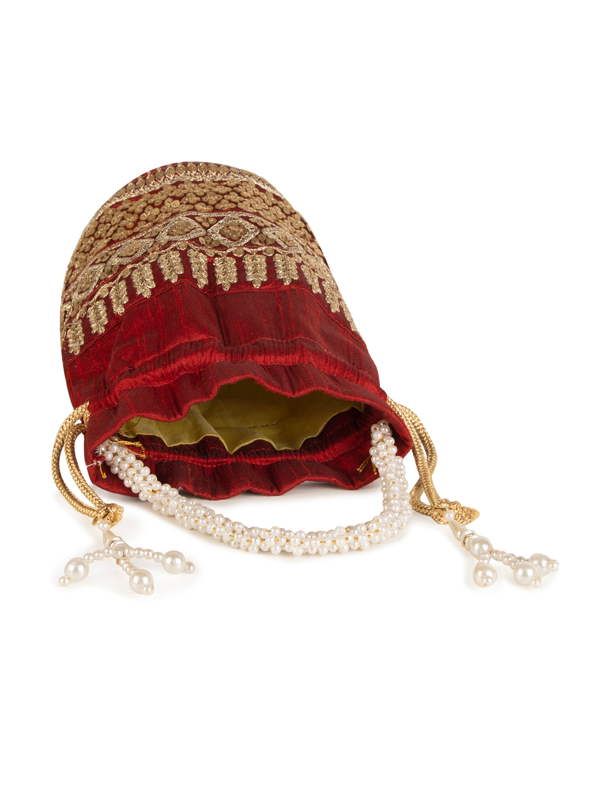 Red embroidered zari poly silk potli bag