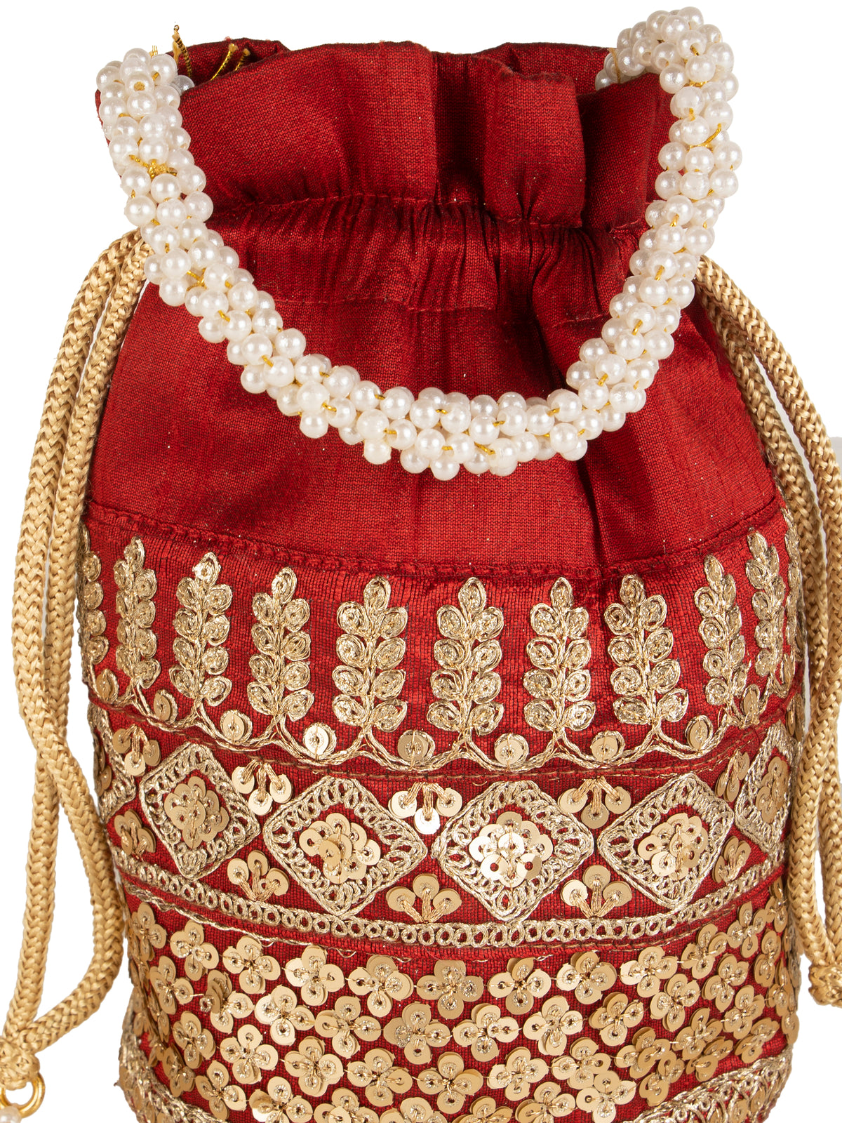 Red embroidered zari poly silk potli bag
