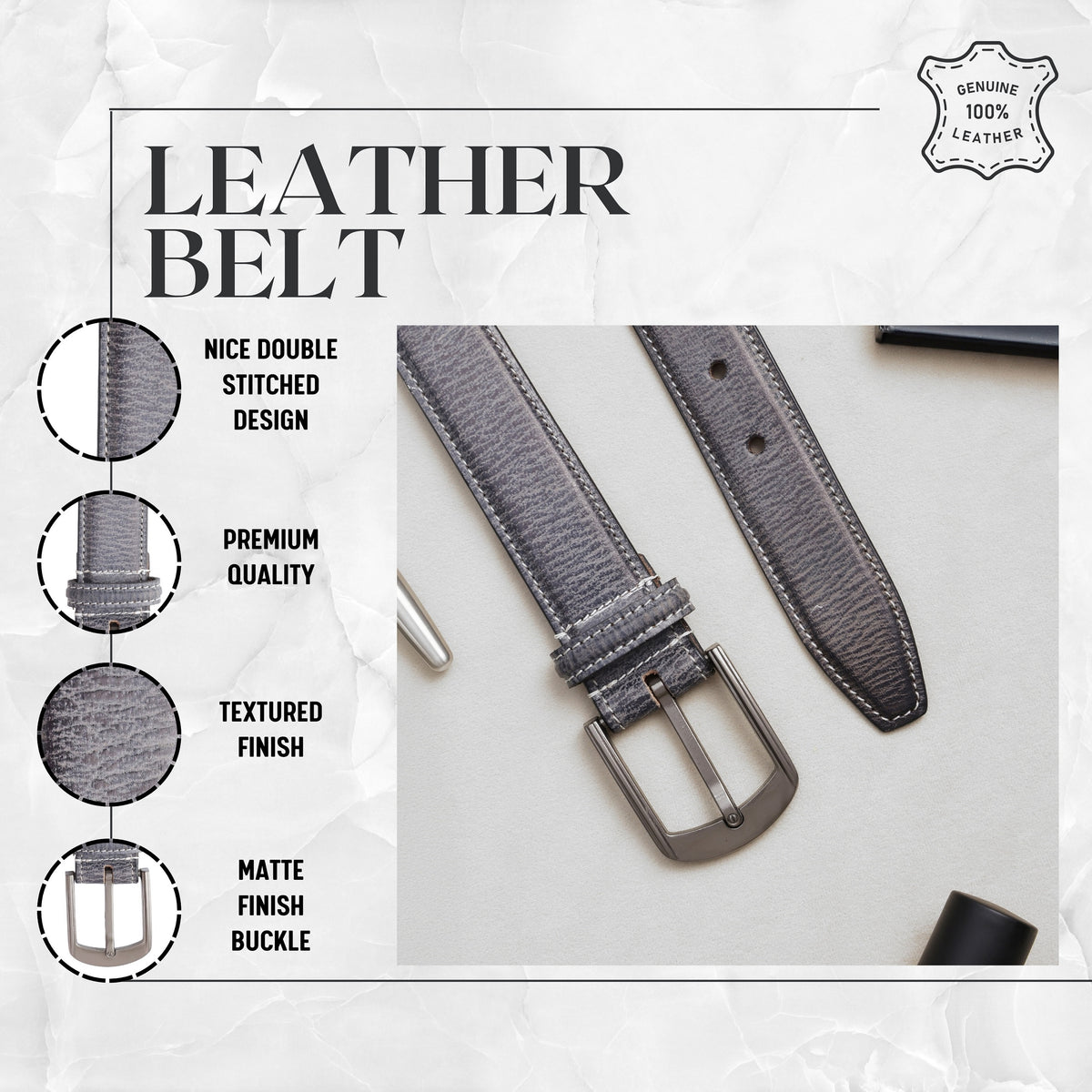 Grey Leather Men's Belt