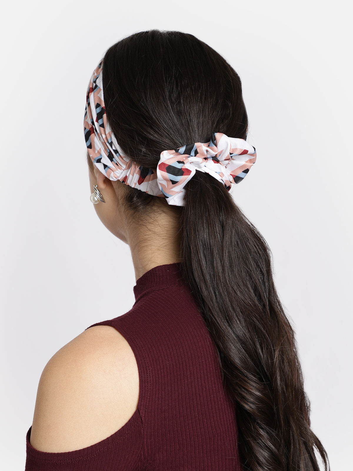 White Color Printed Headband and Scrunchy Combo Set