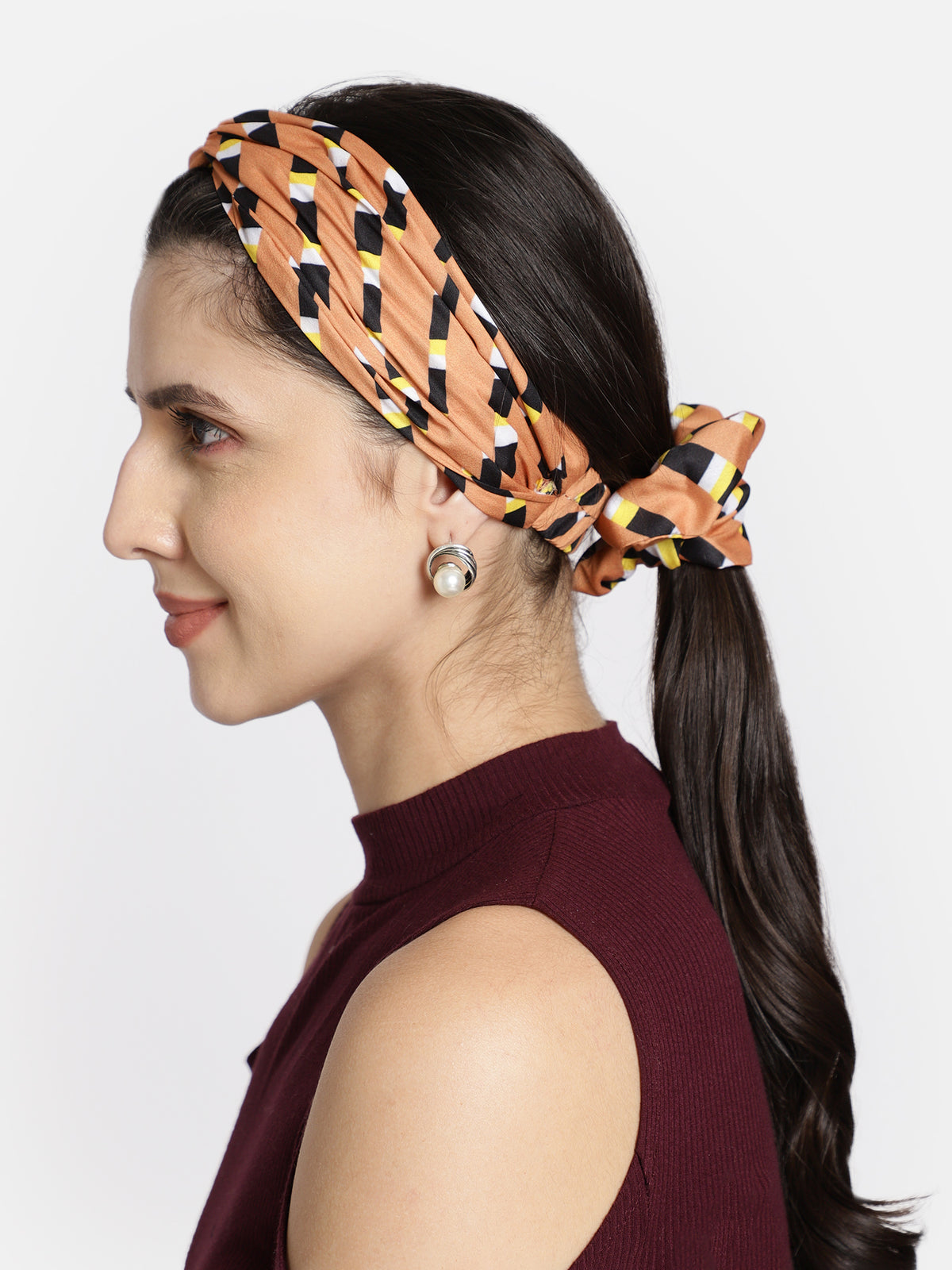 Tan Color Printed Headband and Scrunchy