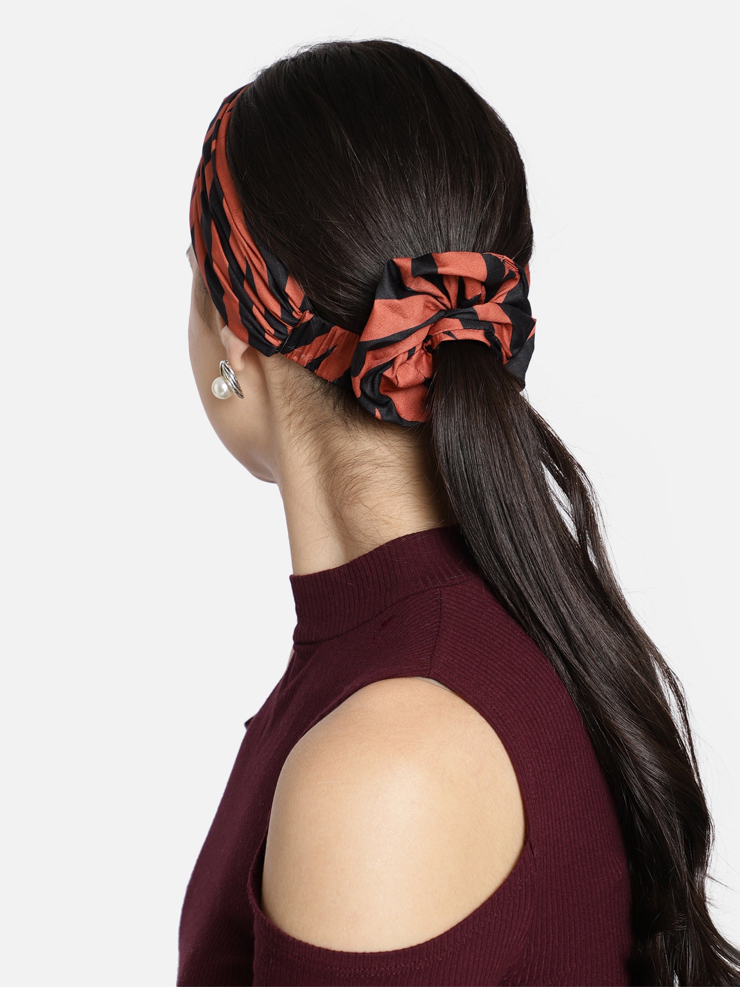 Coral Color Printed Headband and Scrunchy