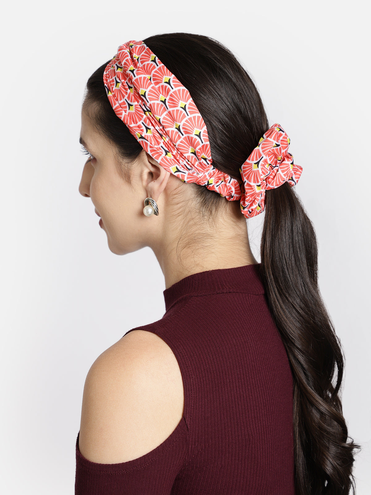 Orange Color Printed Headband and Scrunchy