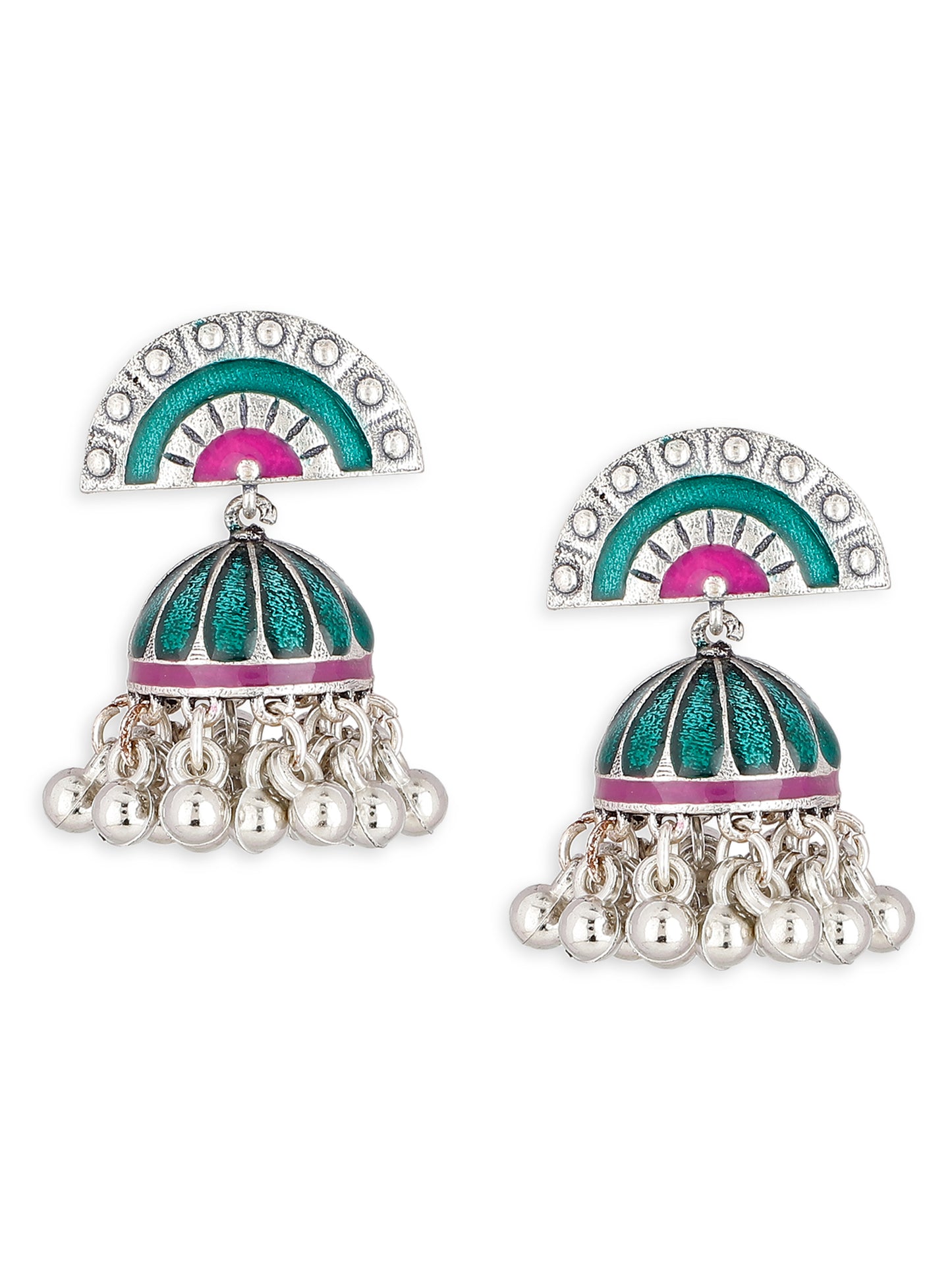 Brass Metal Jhumka with Green and Pink Detailing