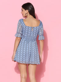 Blue Printed Puff Sleeves Mini Dress