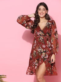 Floral Printed Puff Sleeve Red Wrap Dress