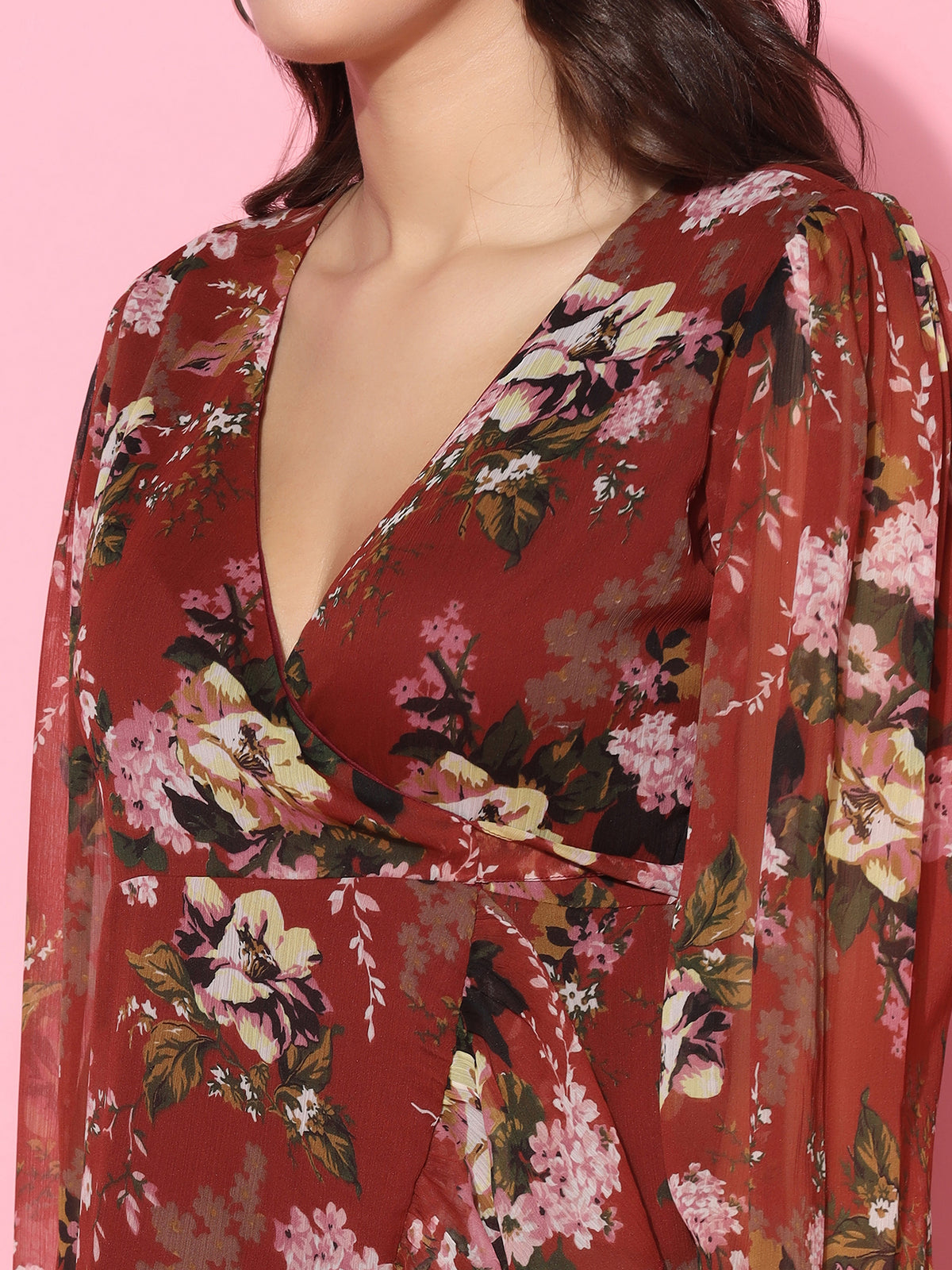 Floral Printed Puff Sleeve Red Wrap Dress