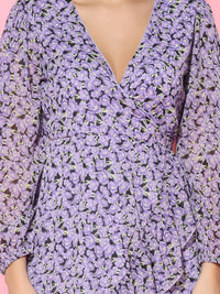 Floral Printed Puff Sleeve Purple Wrap Dress