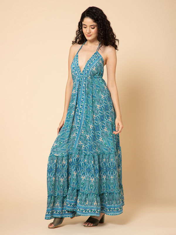 Aditi Wasan Printed  Turquoise Maxi Dress