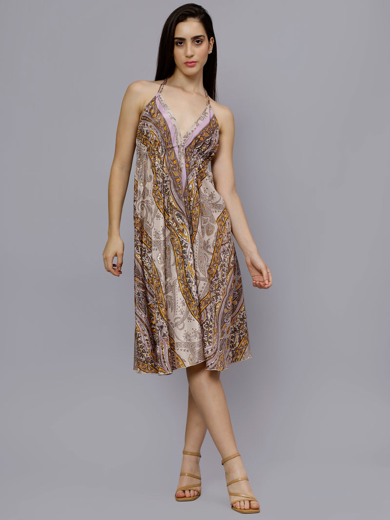 Multi-Colored paisley print cream color freesize short dress