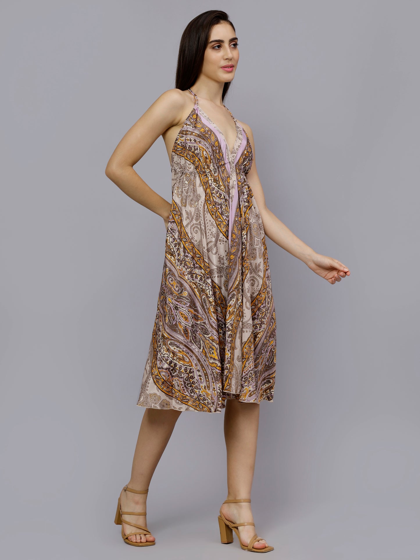 Multi-Colored paisley print cream color freesize short dress