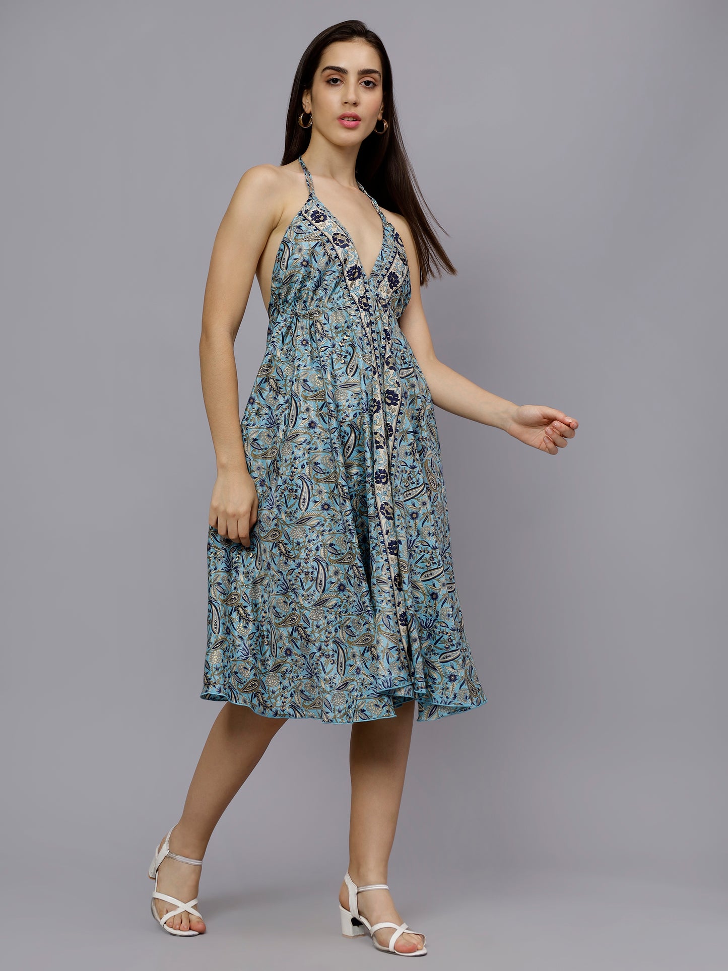 Multi-Colored paisley print sky blue freesize short dress