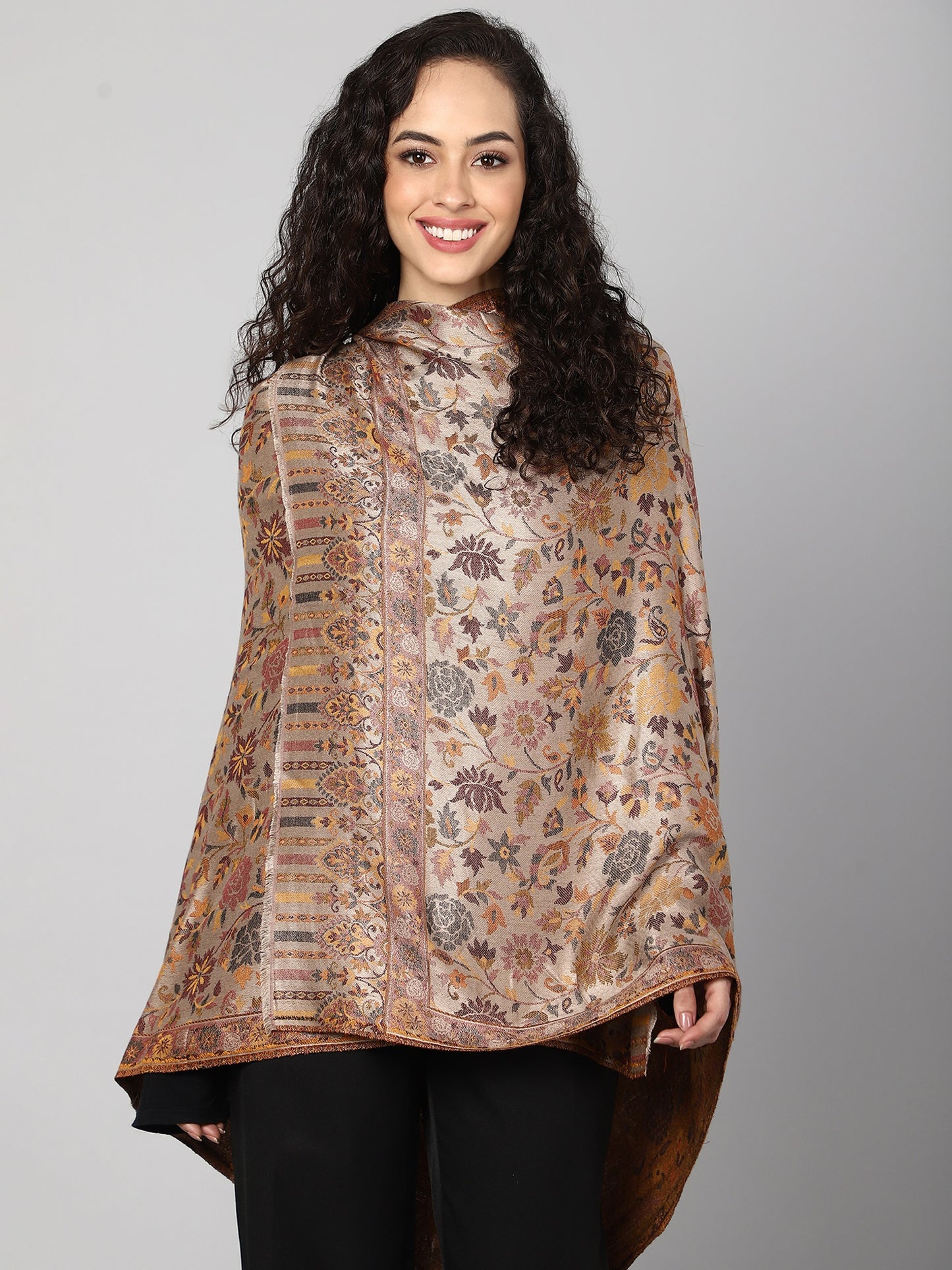 Beige & Brown Floral Jacquard Reversible Jamawar