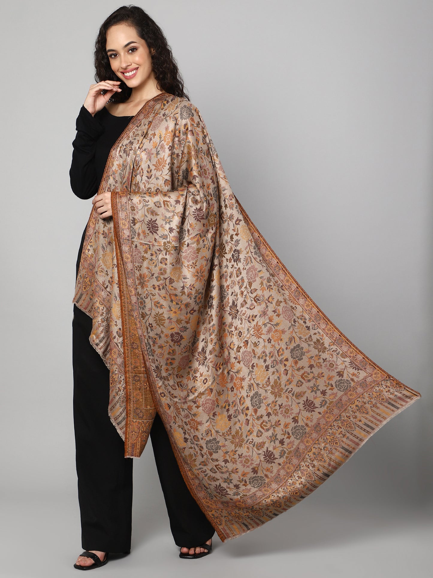 Beige & Brown Floral Jacquard Reversible Jamawar