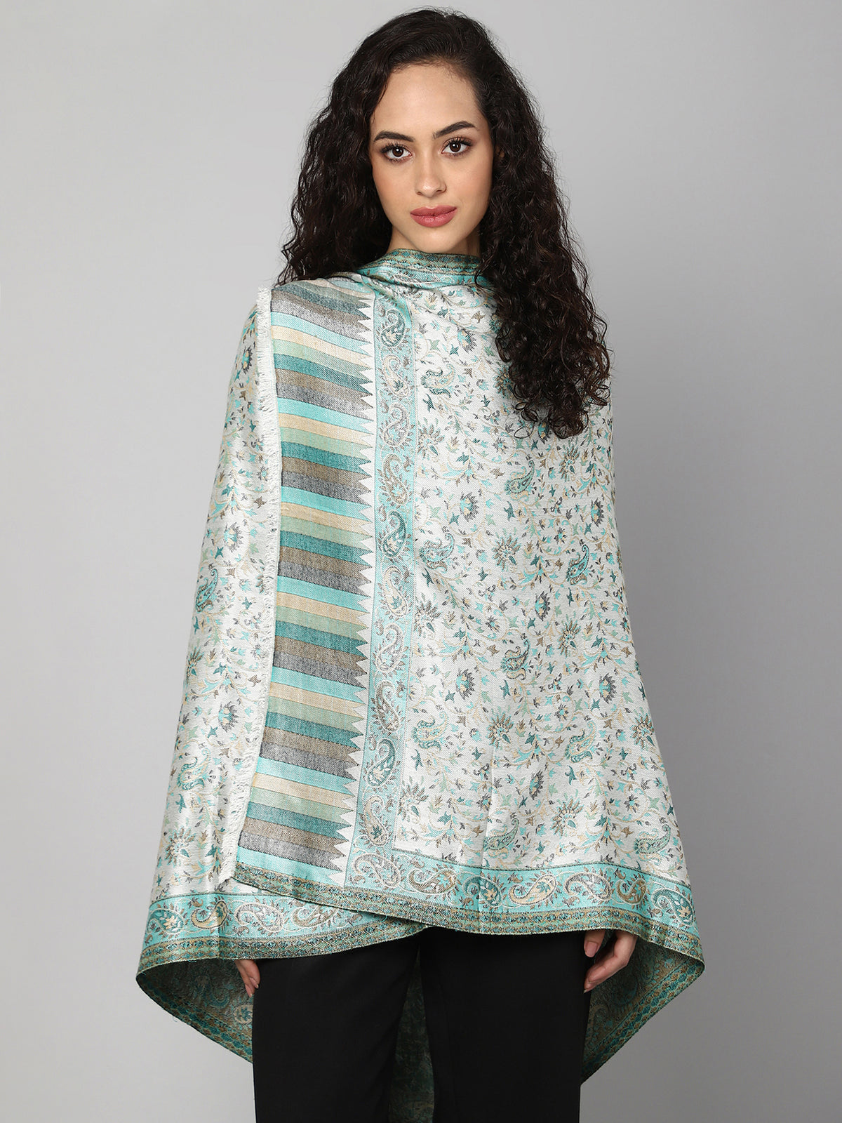 Green & off-white floral and paisley jacquard reversible jamawar
