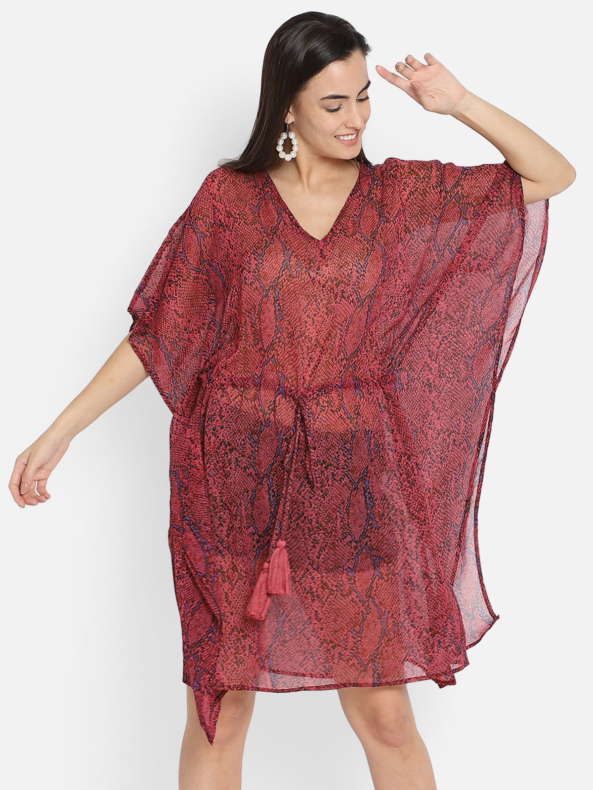 Red snake print polyester kaftan for women