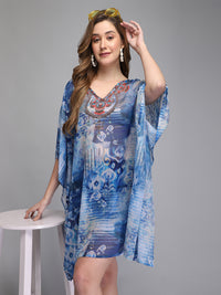 Blue and White Printed Polyester Kaftan