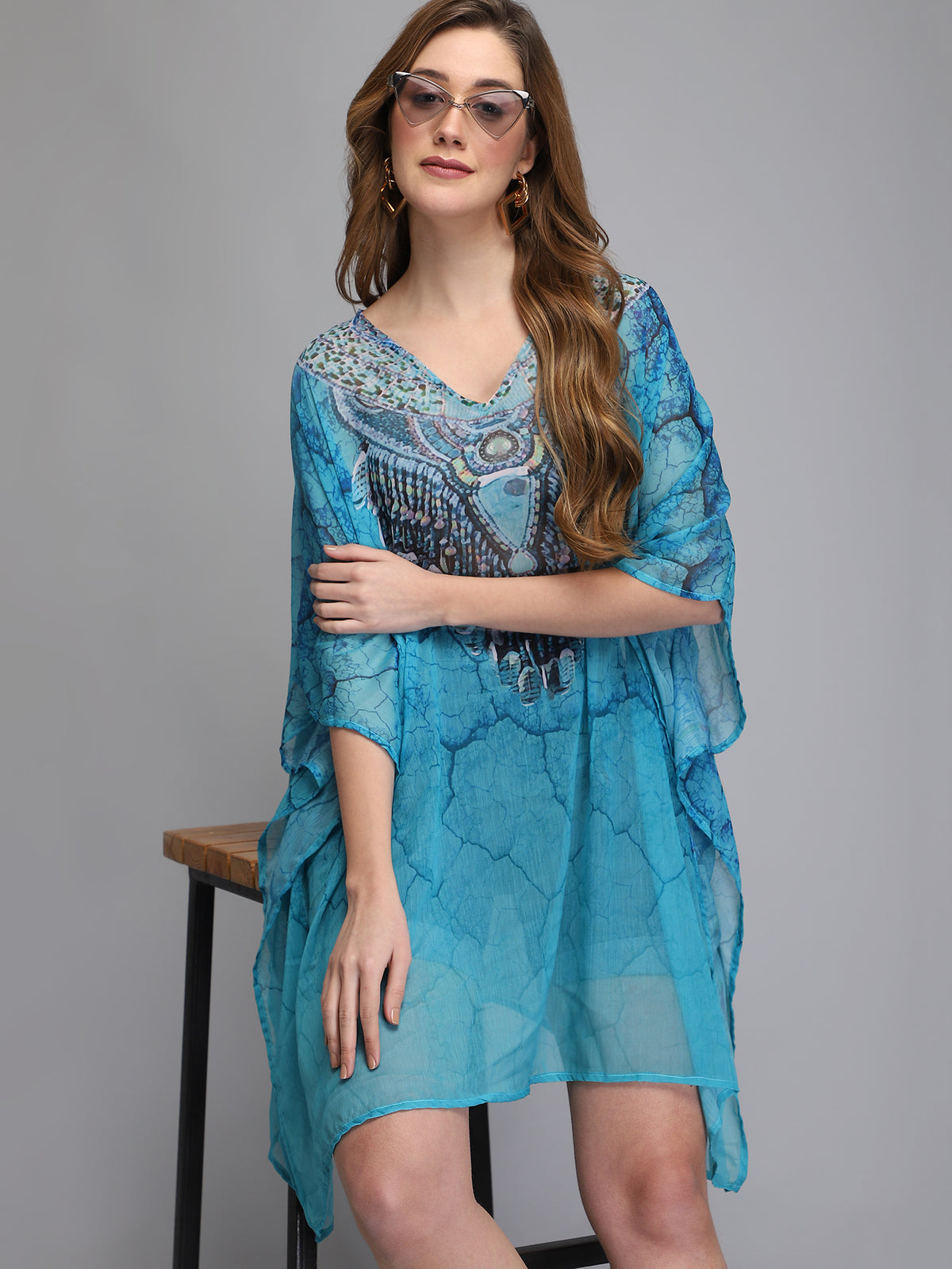 Polyester Printed Blue Freesize Kaftan Midi Dress