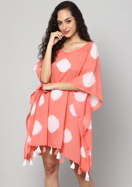 Coral Tie and Dye Print Cotton Kaftan