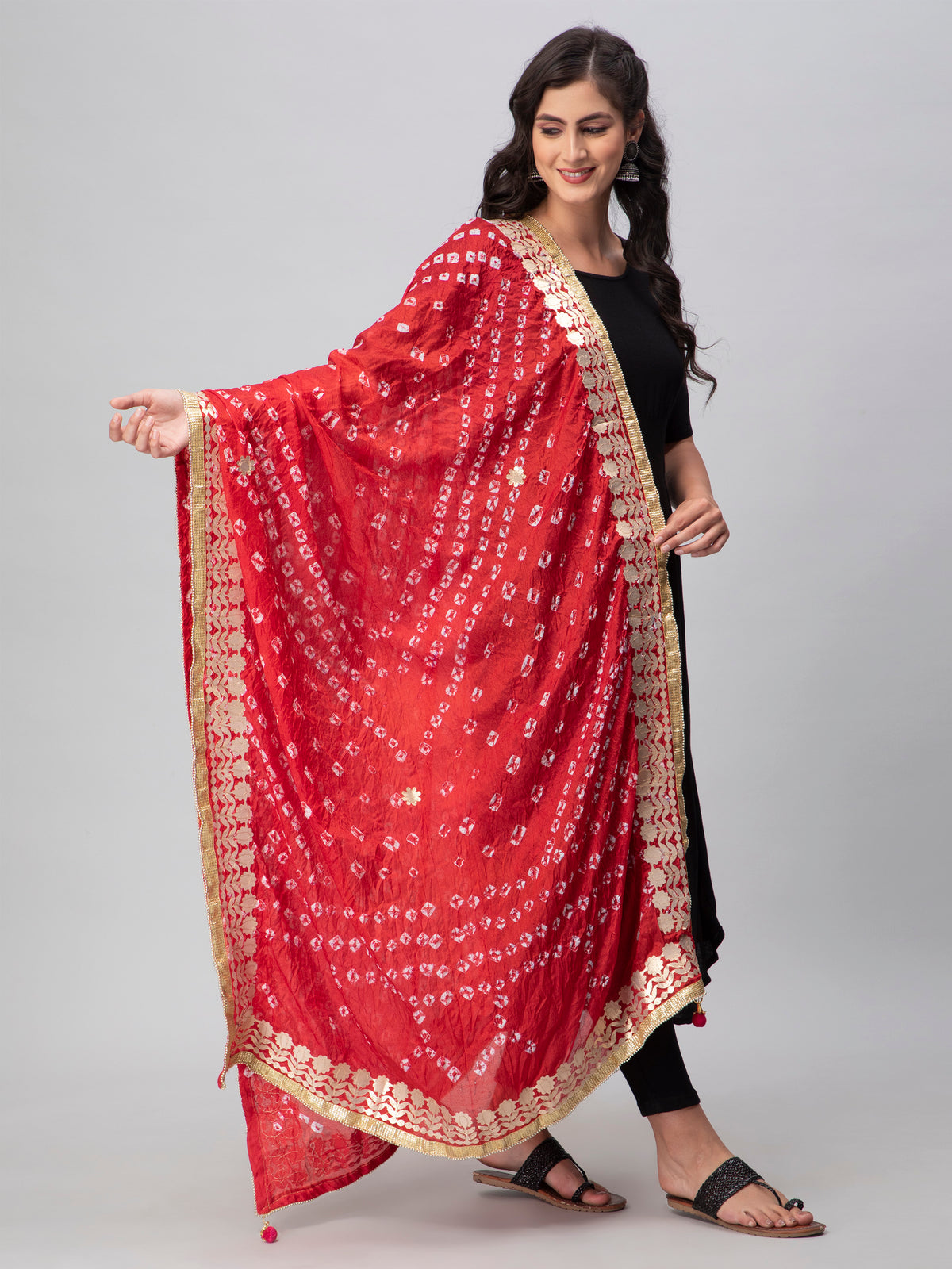 Red Bandhani Silk Blend Dupatta