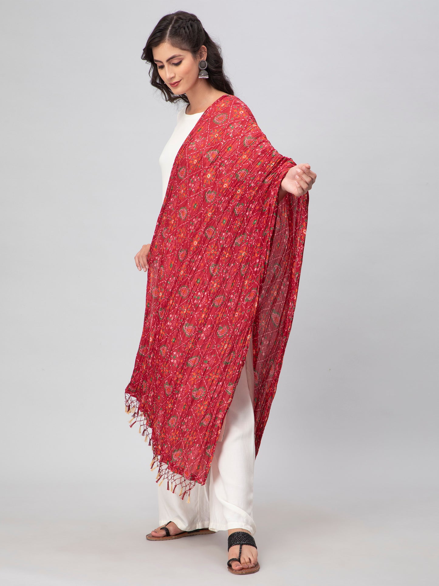 Red Printed Silk Blend Dupatta