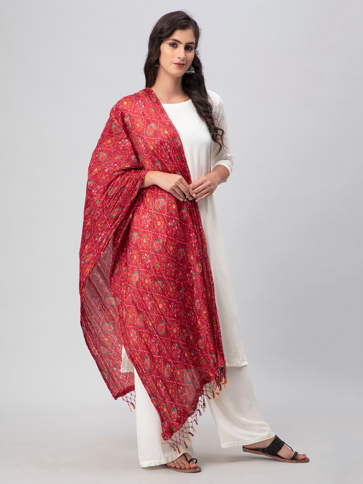 Red Printed Silk Blend Dupatta