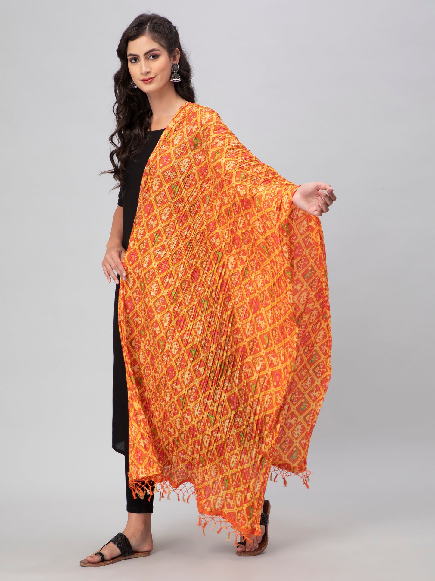 Orange Printed Silk Blend Dupatta