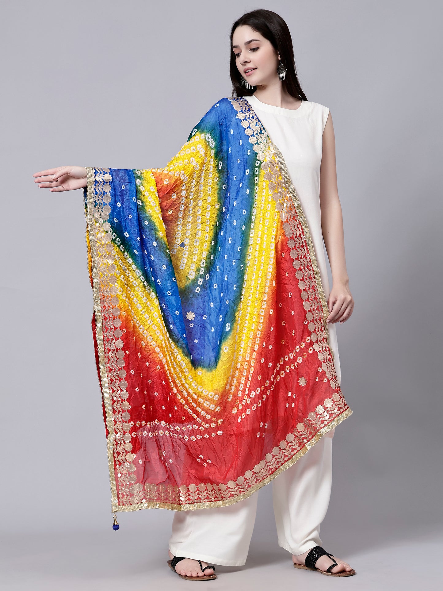Jaipuri Bandhani Tie-Dye Polka-dot Print Dupatta with Golden Gotta Lace Border - Multi-Color