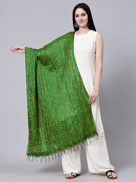 Green Ethnic Printed Cotton Striped Dupatta with Tasseled Border